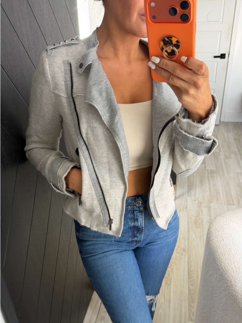 Zara Light Gray Cropped Moto Jacket with Black Zip Detail